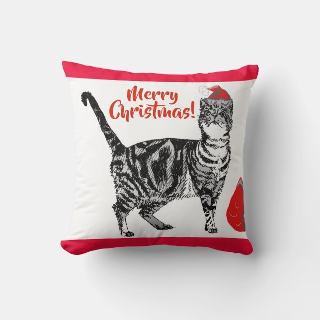 Tabby Cat Merry Kerstrode kussen (Voorkant)
