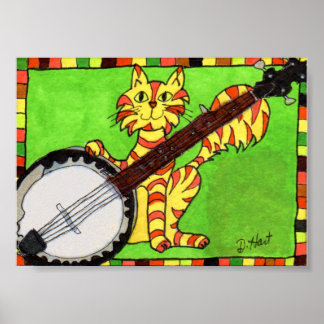 Tabby Cat met Banjo Mini Folk Art Poster