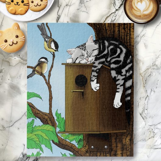 Tabby Cat Napping Vogelhuis Legpuzzel