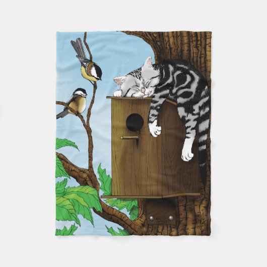 Tabby Cat on Birdhouse Fleece Deken (Voorkant)