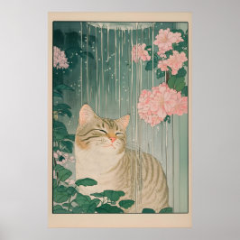 Tabby Cat Shower Print Ukiyo-e Botanical Bathroom