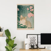 Tabby Cat Shower Print Ukiyo-e Botanical Bathroom (Thuiskantoor)