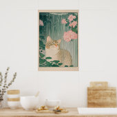Tabby Cat Shower Print Ukiyo-e Botanical Bathroom (Keuken)
