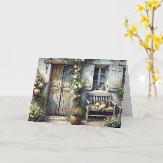 Tabby Cat Sur Ancien Banc Carte Note (Fleur jaune)