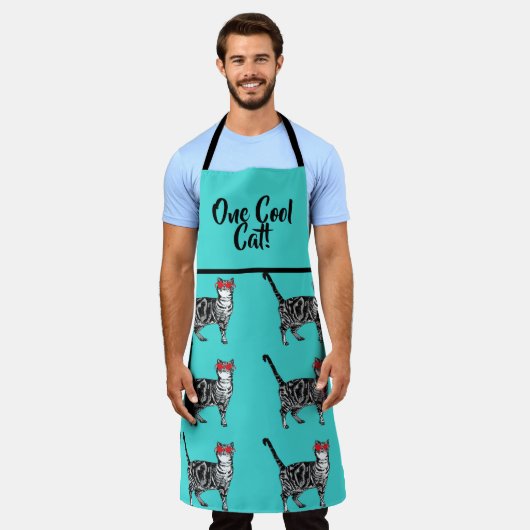 Tabby Cats 'One Cool Cat' Aqua Mannen pet Apron Schort (Gedragen)