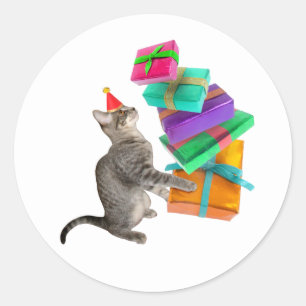 Tabby Chat Anniversaire Présente Pile Sticker Rond