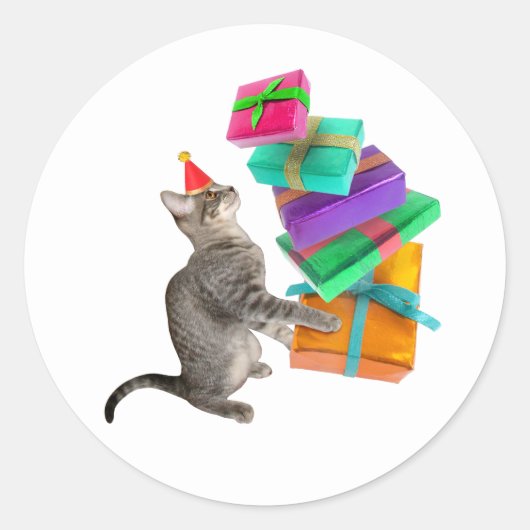 Tabby Chat Anniversaire Présente Pile Sticker Rond (Devant)
