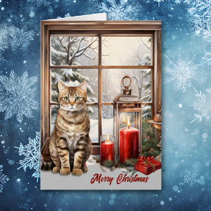 Tabby Chat et bougies dans la fenêtre d'hiver Noël
