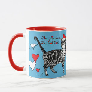 Tabby Chat Merry Bleu Rouge Coeurs de Noël Mug