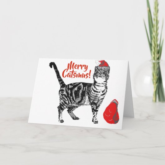 Tabby Chat Merry Catsmus carte rouge de Noël (Devant)