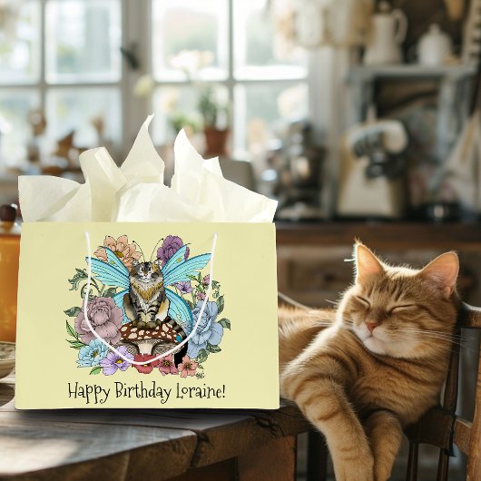 Tabby Fairy Kat Paddestoel Bloemen Groot Cadeauzakje