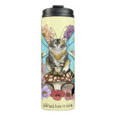 Tabby Fairy Kat Paddestoel Bloemen Thermosbeker (Voorkant)