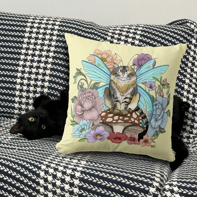 Tabby Fairy kat Paddestoel Floral Kussen (Creator heeft geüpload)