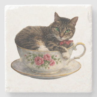 Tabby in een theekopje stenen onderzetter