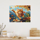*~* Tabby Jump Fall Leaves Kitten 5:4 Cat AP68 Poster (Keuken)