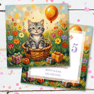 Tabby Kat & Bloemen Meisjes Verjaardagsfeestje Kaart