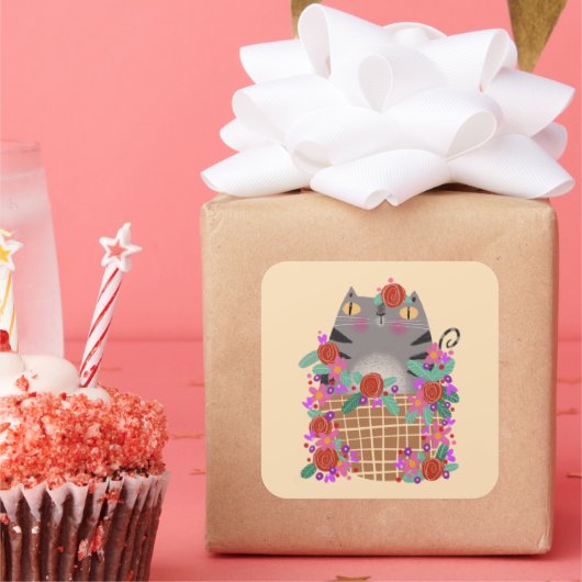 Tabby kat & bloemen vierkante sticker (Feest)