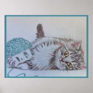 Tabby Kat Cute Grappige Actieve katten turquoise W Poster