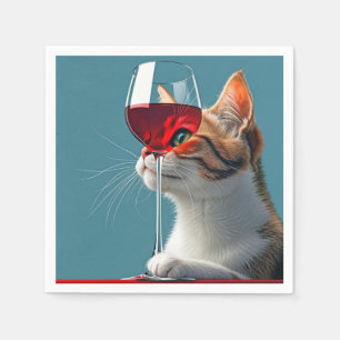Tabby kat met glas rode wijn servet
