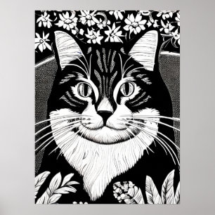 Tabby kat omringd met bloemen poster