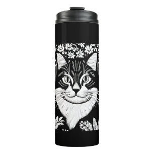 Tabby kat omringd met bloemen thermosbeker