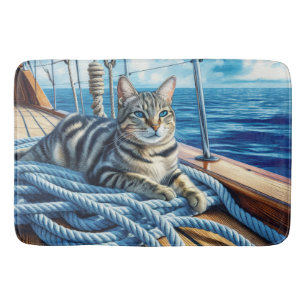 Tabby kat op bootkabels badmat