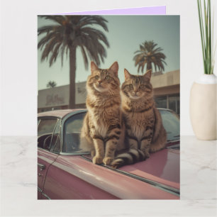 Tabby kat & roze klassieke auto VERJAARDAGS Groet Kaart