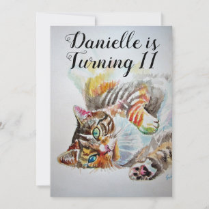 Tabby Kat Watercolour Meisjes Verjaardagsuitnodigi Kaart