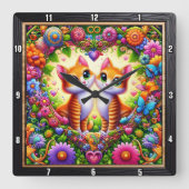 Tabby Kitten Floral Heart Wall Vierkante Klok (Voorkant)