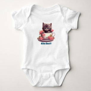 Tabby Kitten in een theekopje met roze rozen kunst Romper
