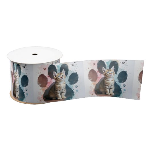 Tabby Kitten in een Waterverf Paw Print Lint (Spoel)