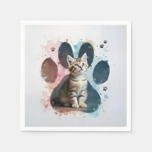 Tabby Kitten in een Waterverf Paw Print Servet