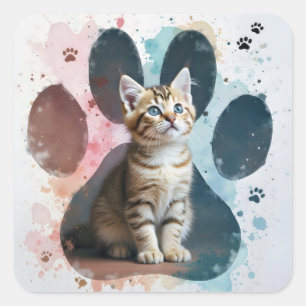 Tabby Kitten in een Waterverf Paw Print Vierkante Sticker