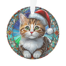 Tabby Kitten orange avec Santa Hat Vitrail