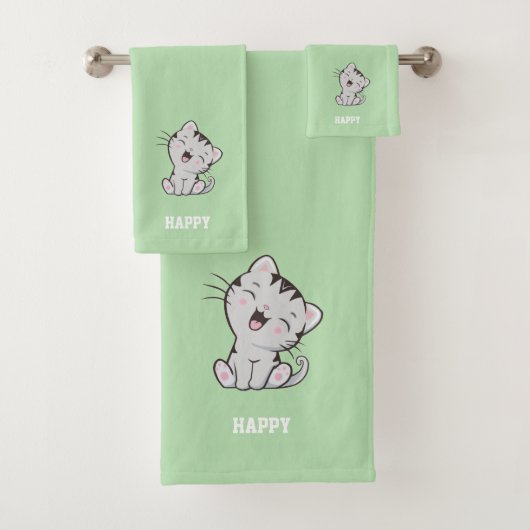 Tabby Kitty Cat & Name Text op Light Green Bad Handdoek (Insitu)