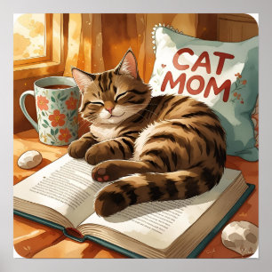 Tabby op een boek - Waterverf Cat Lover Scene Poster