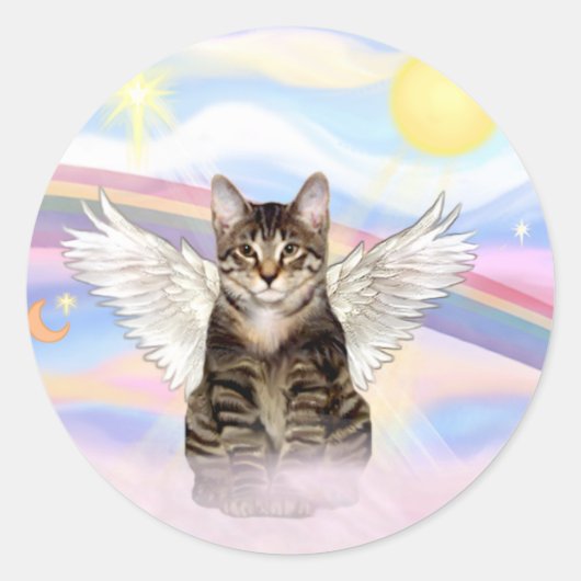 Tabby Tiger Cat Angel in Clouds Ronde Sticker (Voorkant)