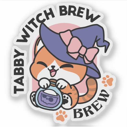 Tabby Witch Brew – Cute Halloween Cat Design Sticker (Voorkant)