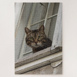 Tabbykat kijkt naar je vanuit het raam legpuzzel