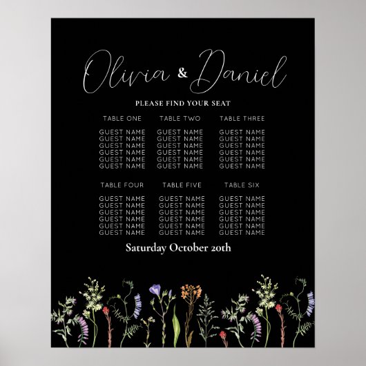Tabel 6 Zitplan Wedding Wildflowers Donker Poster (Voorkant)