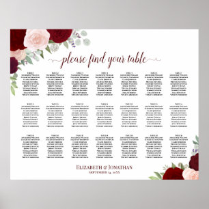 Tabel Burgundy Blush Boho Floral Seating Chart Poster
