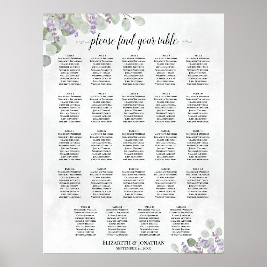 Tabel Eucalyptus Lavender Wedding Seating Chart Poster (Voorkant)