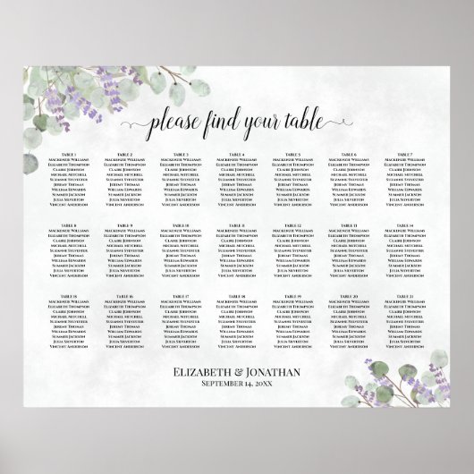 Tabel Eucalyptus Lavender Wedding Seating Chart Poster (Voorkant)