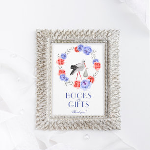 Tabelteken Stork Blue Red Floral Baby shower Uitno Kaart