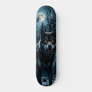 Tabla de Skate Lobo en Bosque Nocturno con Luna Skateboard