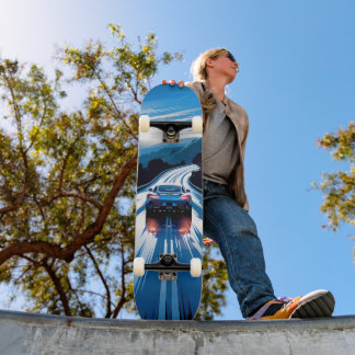 Tabla de Skate Vehículo Azul en Carretera Húmeda Skateboard