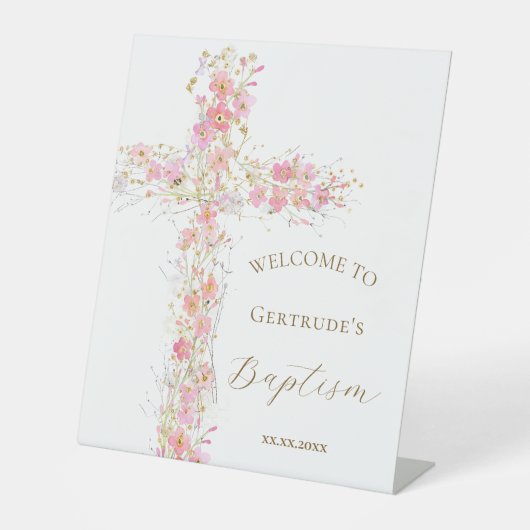 Table Baptême fleurs roses croix signe de bienvenue (Recto)