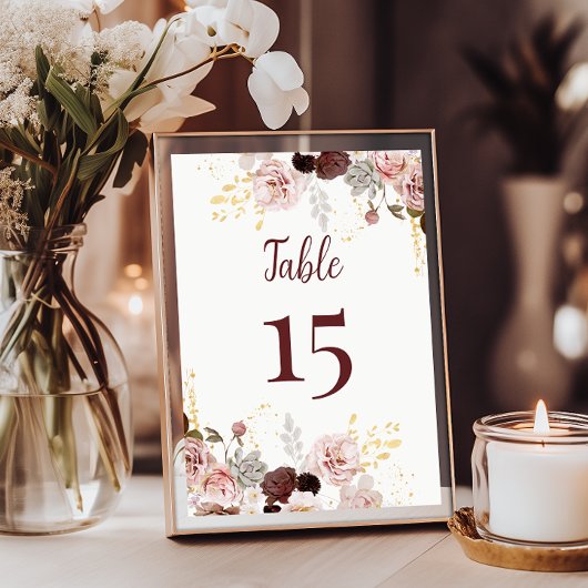 Table Blush Peony & Gold Burgundy Mariage Numéro de tabl