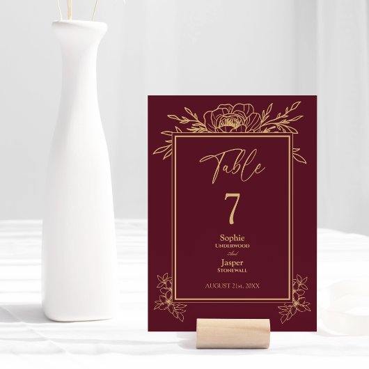 Table Burgundy Gold Floral Simple Mariage Numéro de tabl