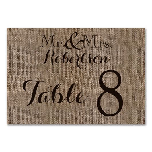 Table Burlap personnalisé Mariage rustique Numéro de tab (Devant)
